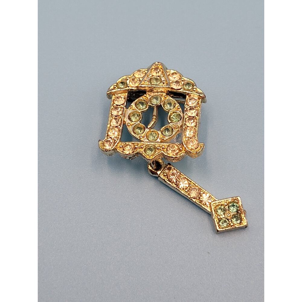 Clock Fashion Brooch Pin Vtg Blue White Rhinestone Articulated Pendulum 50s 60s